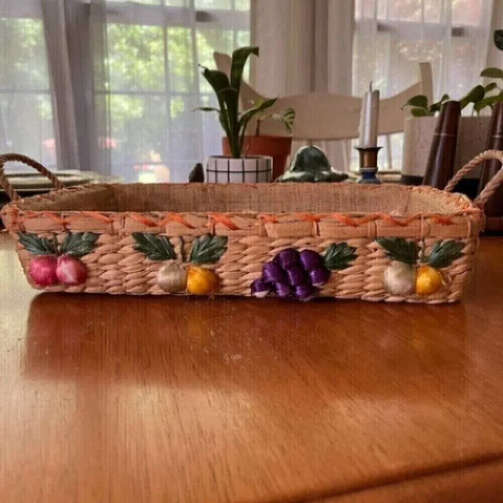 Vintage Hand Made Lined Wicker Basket Colorful Fruit Design Philippines Raffia
